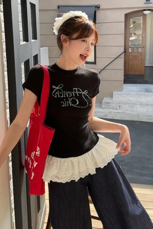 Plus Size Rhinestone Butterfly Knot Lace Short Sleeve T-Shirt for Women - Flattering Slim Fit Summer Top