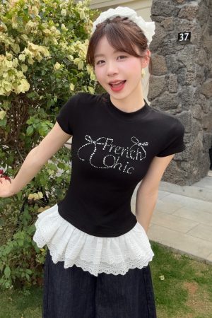 Plus Size Rhinestone Butterfly Knot Lace Short Sleeve T-Shirt for Women - Flattering Slim Fit Summer Top