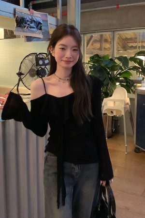 Plus Size Ruffled Off-Shoulder Long Sleeve T-Shirt for Women - Autumn Spicy Girl Design, Unique Camisole Base Top