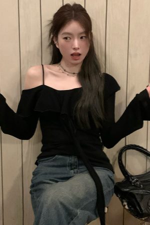 Plus Size Ruffled Off-Shoulder Long Sleeve T-Shirt for Women - Autumn Spicy Girl Design, Unique Camisole Base Top