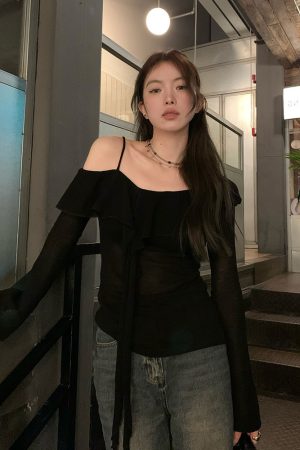 Plus Size Ruffled Off-Shoulder Long Sleeve T-Shirt for Women - Autumn Spicy Girl Design, Unique Camisole Base Top