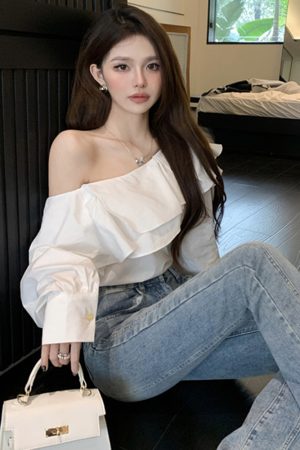 Plus Size Ruffled Off-Shoulder Long Sleeve White Top for Women, Autumn French Style, Flattering Design for Curvy Figures