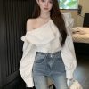 Plus Size Ruffled Off-Shoulder Long Sleeve White Top for Women, Autumn French Style, Flattering Design for Curvy Figures
