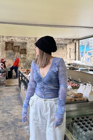 Plus Size Ruffled Tie-Dye Deep V-Neck Sheer Mesh Slim Fit T-Shirt - Hot Girl Style, Trendy Summer Fashion, Y2K Vibes