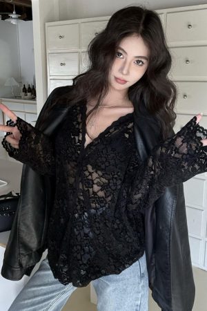 Plus Size Sexy V-Neck Long Sleeve Lace Top for Women - Elegant Hollow-Out Sheer Blouse for Autumn & Winter, Loose & Slimming Fit