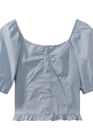 Plus-Size Short Sleeve Bubble Collar Shirt for Women - Summer 2025 French Style Cropped Clavicle Top, Slimming Tummy-Covering Design