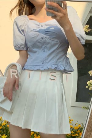 Plus-Size Short Sleeve Bubble Collar Shirt for Women - Summer 2025 French Style Cropped Clavicle Top, Slimming Tummy-Covering Design