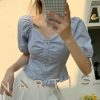Plus-Size Short Sleeve Bubble Collar Shirt for Women - Summer 2025 French Style Cropped Clavicle Top, Slimming Tummy-Covering Design