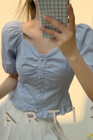 Plus-Size Short Sleeve Bubble Collar Shirt for Women - Summer 2025 French Style Cropped Clavicle Top, Slimming Tummy-Covering Design