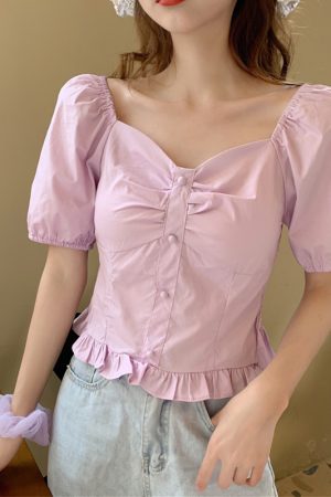 Plus-Size Short Sleeve Bubble Collar Shirt for Women - Summer 2025 French Style Cropped Clavicle Top, Slimming Tummy-Covering Design