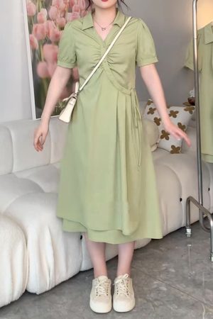 Plus-Size Slimming Dress for Women with Tie Waist, Concealed Belly, Short Sleeve, High-End Feel, Perfect for Summer Events
