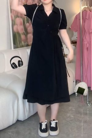 Plus-Size Slimming Dress for Women with Tie Waist, Concealed Belly, Short Sleeve, High-End Feel, Perfect for Summer Events