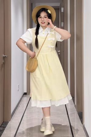 Plus-Size Slimming Forest Bow-Tie Waist Long Dress - Summer Sweet College Style First Love Fake Two-Piece Dress