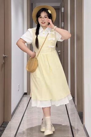 Plus-Size Slimming Forest Bow-Tie Waist Long Dress - Summer Sweet College Style First Love Fake Two-Piece Dress