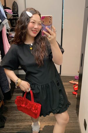 Plus Size Slimming Little Black Dress for Women - Gold Lace Edge Design, Summer 2025 New Style for Curvy Figures