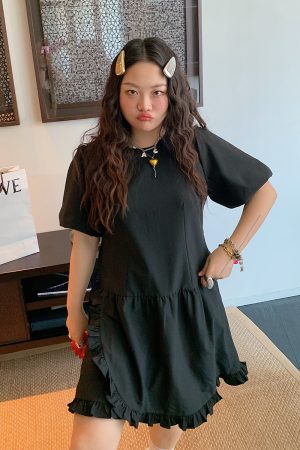 Plus Size Slimming Little Black Dress for Women - Gold Lace Edge Design, Summer 2025 New Style for Curvy Figures