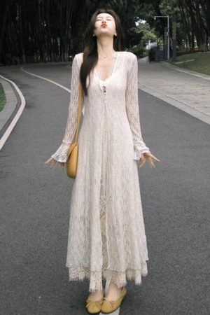 Plus-Size Slimming Two-Piece Summer Dress Cardigan Set with Elegant Jacquard Lace Camisole â€“ Perfect for Chic Casual Outings