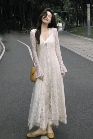 Plus-Size Slimming Two-Piece Summer Dress Cardigan Set with Elegant Jacquard Lace Camisole â€“ Perfect for Chic Casual Outings