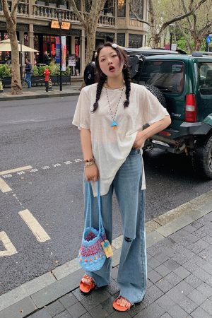 Plus Size Slit Diamond T-Shirt for Women - Short Sleeve White Top, 2025 Spring/Summer Fashion for Curvy Figures, Trendy Style