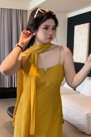 Plus Size Spaghetti Strap Beach Vacation Dress in Ginger Yellow, Flattering for Fair Skin, Slightly Chubby City Escape Style