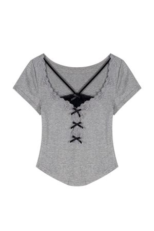 Plus Size Spicy Girl Lace Fake Two-Piece T-Shirt for Women - Summer Slim Fit, Tummy-Covering Stunning Top