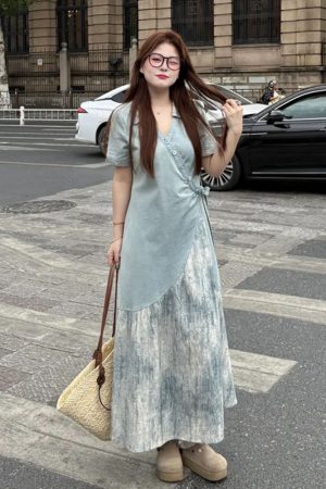 Plus Size Spliced Strap Short Sleeve Dress for Women - 2025 New Slimming Cover-Up, Trendy Long Dress for Summer