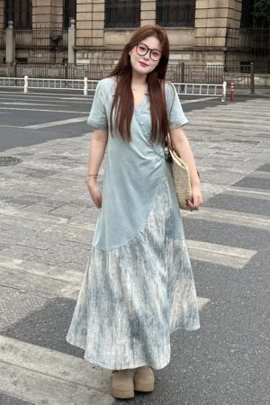 Plus Size Spliced Strap Short Sleeve Dress for Women - 2025 New Slimming Cover-Up, Trendy Long Dress for Summer