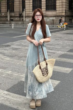 Plus Size Spliced Strap Short Sleeve Dress for Women - 2025 New Slimming Cover-Up, Trendy Long Dress for Summer