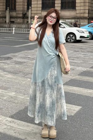 Plus Size Spliced Strap Short Sleeve Dress for Women - 2025 New Slimming Cover-Up, Trendy Long Dress for Summer