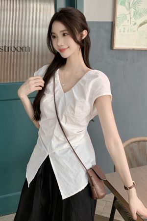 Plus Size Split V-Neck Short Sleeve Shirt for Women - Summer French Style, Waist-Cinching Pleated Elegant Top