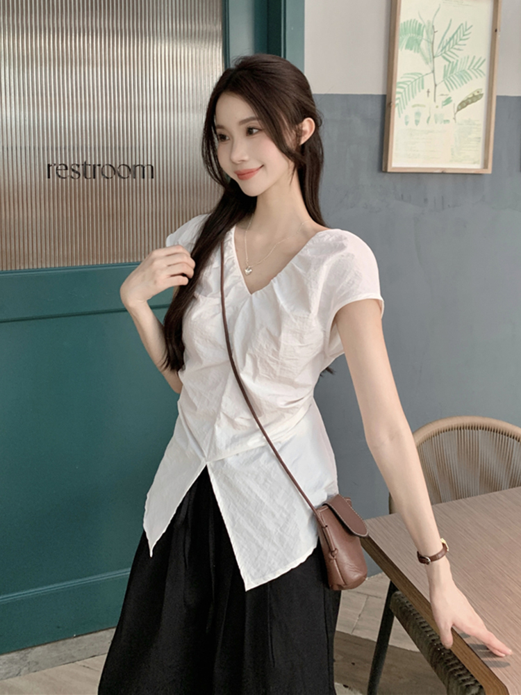 Plus Size Split V-Neck Short Sleeve Shirt for Women - Summer French Style, Waist-Cinching Pleated Elegant Top Plus Size Split V-Neck Short Sleeve Shirt for Women - Summer French Style, Waist-Cinching Pleated Elegant Top