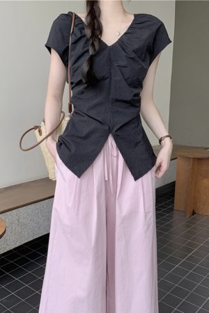 Plus Size Split V-Neck Short Sleeve Shirt for Women - Summer French Style, Waist-Cinching Pleated Elegant Top