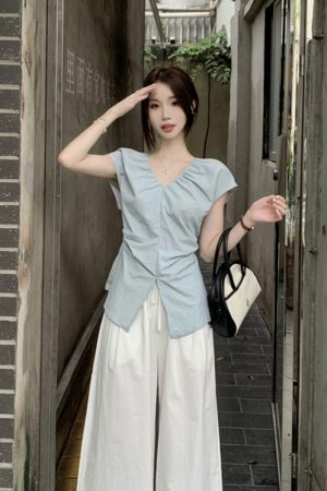 Plus Size Split V-Neck Short Sleeve Shirt for Women - Summer French Style, Waist-Cinching Pleated Elegant Top