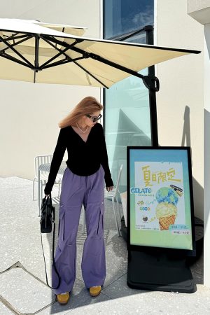 Plus Size Street Style Purple Cargo Pants for Autumn, Loose Paratrooper Design for Outdoor Climbing, Fashionable 2024 Look