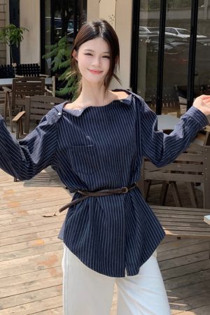 Plus Size Striped One-Shoulder Long Sleeve Shirt for Women, Autumn French Style, Loose Fit, Flattering High-End Quality Top