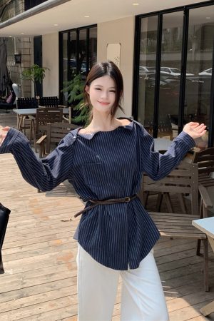 Plus Size Striped One-Shoulder Long Sleeve Shirt for Women, Autumn French Style, Loose Fit, Flattering High-End Quality Top