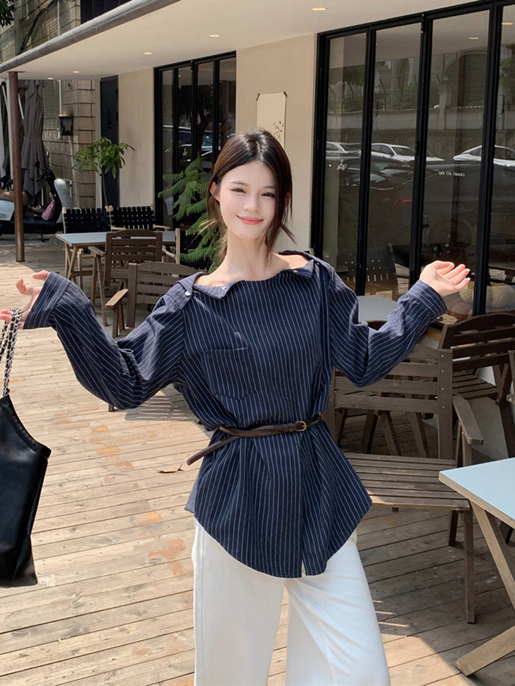 Plus Size Striped One-Shoulder Long Sleeve Shirt for Women, Autumn French Style, Loose Fit, Flattering High-End Quality Top Plus Size Striped One-Shoulder Long Sleeve Shirt for Women, Autumn French Style, Loose Fit, Flattering High-End Quality Top