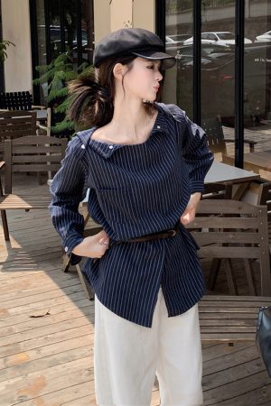 Plus Size Striped One-Shoulder Long Sleeve Shirt for Women, Autumn French Style, Loose Fit, Flattering High-End Quality Top