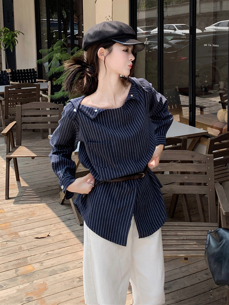 Plus Size Striped One-Shoulder Long Sleeve Shirt for Women, Autumn French Style, Loose Fit, Flattering High-End Quality Top Plus Size Striped One-Shoulder Long Sleeve Shirt for Women, Autumn French Style, Loose Fit, Flattering High-End Quality Top