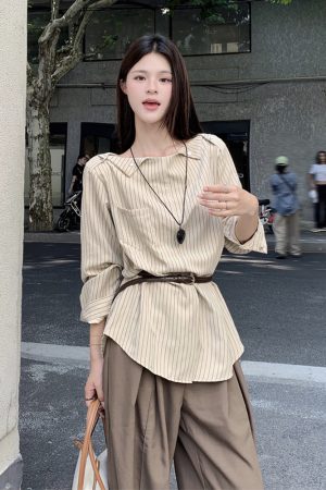 Plus Size Striped One-Shoulder Long Sleeve Shirt for Women, Autumn French Style, Loose Fit, Flattering High-End Quality Top