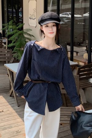 Plus Size Striped One-Shoulder Long Sleeve Shirt for Women, Autumn French Style, Loose Fit, Flattering High-End Quality Top