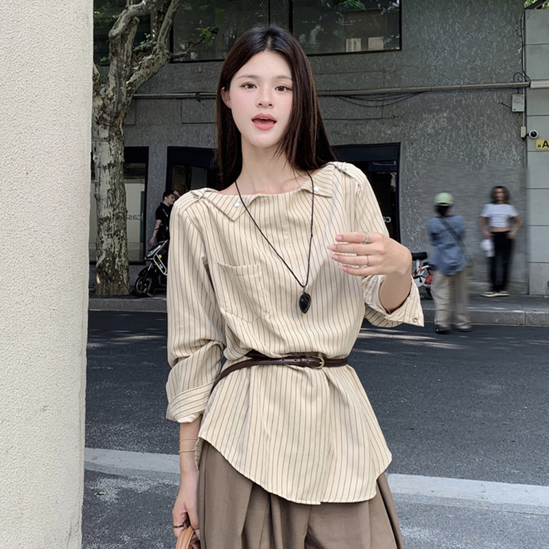 Plus Size Striped One-Shoulder Long Sleeve Shirt for Women, Autumn French Style, Loose Fit, Flattering High-End Quality Top Plus Size Striped One-Shoulder Long Sleeve Shirt for Women, Autumn French Style, Loose Fit, Flattering High-End Quality Top