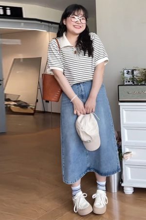 Plus Size Striped Polo Shirt for Women - Summer Lapel Top, Flattering Loose Fit, Shoulder-Reducing, Age-Defying Style