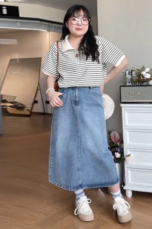 Plus Size Striped Polo Shirt for Women - Summer Lapel Top, Flattering Loose Fit, Shoulder-Reducing, Age-Defying Style