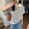 Plus Size Striped Polo Shirt for Women - Summer Lapel Top, Flattering Loose Fit, Shoulder-Reducing, Age-Defying Style