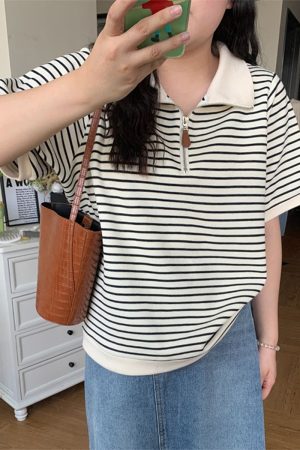 Plus Size Striped Polo Shirt for Women - Summer Lapel Top, Flattering Loose Fit, Shoulder-Reducing, Age-Defying Style