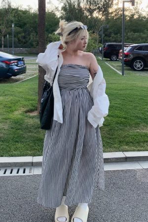 Plus Size Striped Strapless Dress for Curvy Figures - Gentle Temperament Beach Vacation Style, Super Stylish Summer Dress