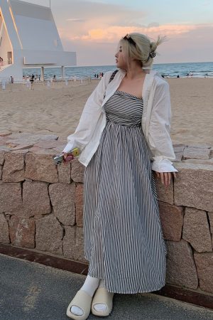 Plus Size Striped Strapless Dress for Curvy Figures - Gentle Temperament Beach Vacation Style, Super Stylish Summer Dress