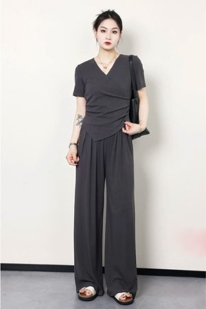 Plus Size Summer Casual Set for Women - Slimming Waist Short Sleeve T-Shirt and Wide Leg Pants - Trendy Lightweight Outfit