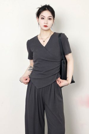 Plus Size Summer Casual Set for Women - Slimming Waist Short Sleeve T-Shirt and Wide Leg Pants - Trendy Lightweight Outfit